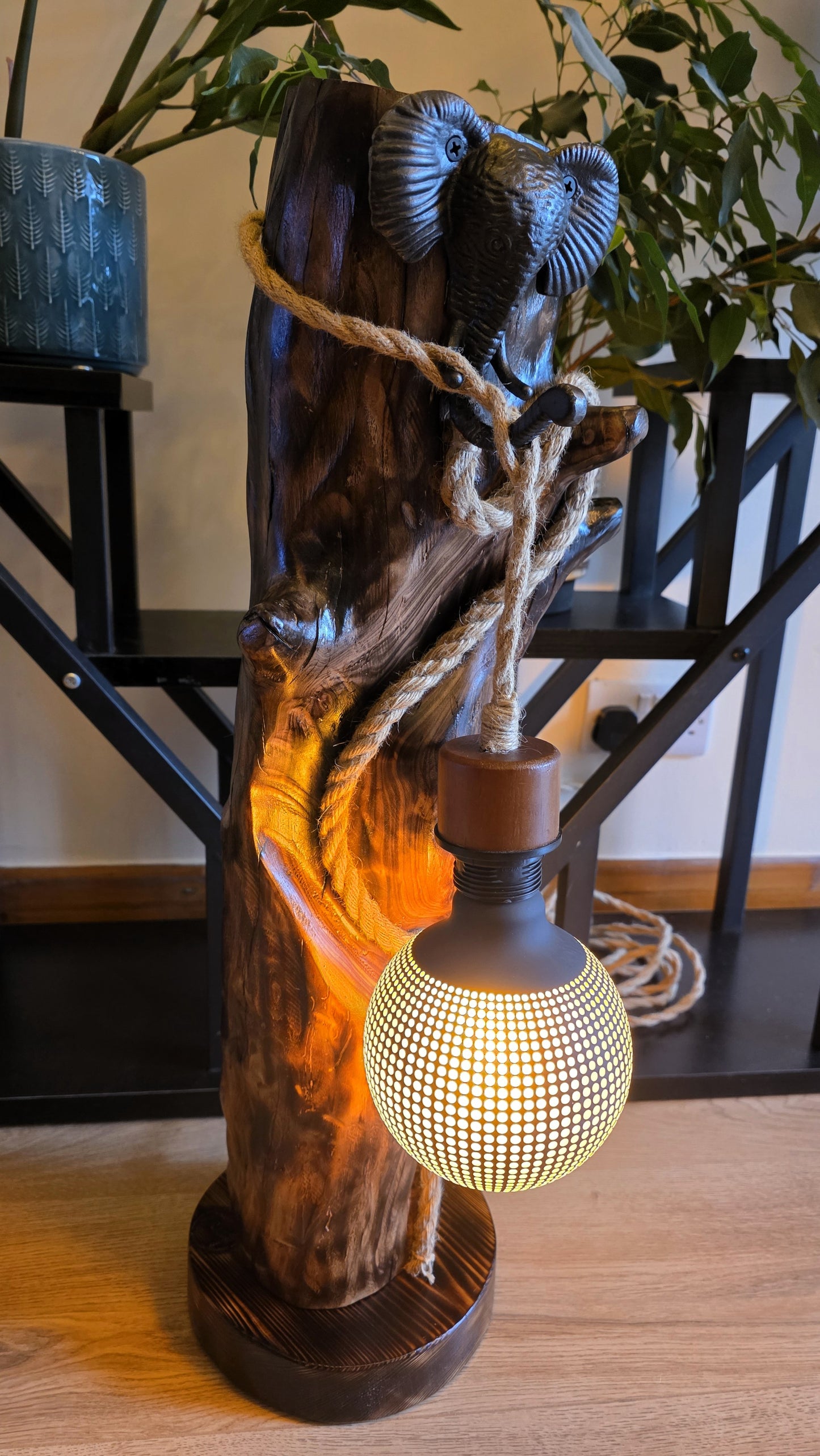 🐘 Rustic Apple Wood Elephant Lamp – Wild Spirit