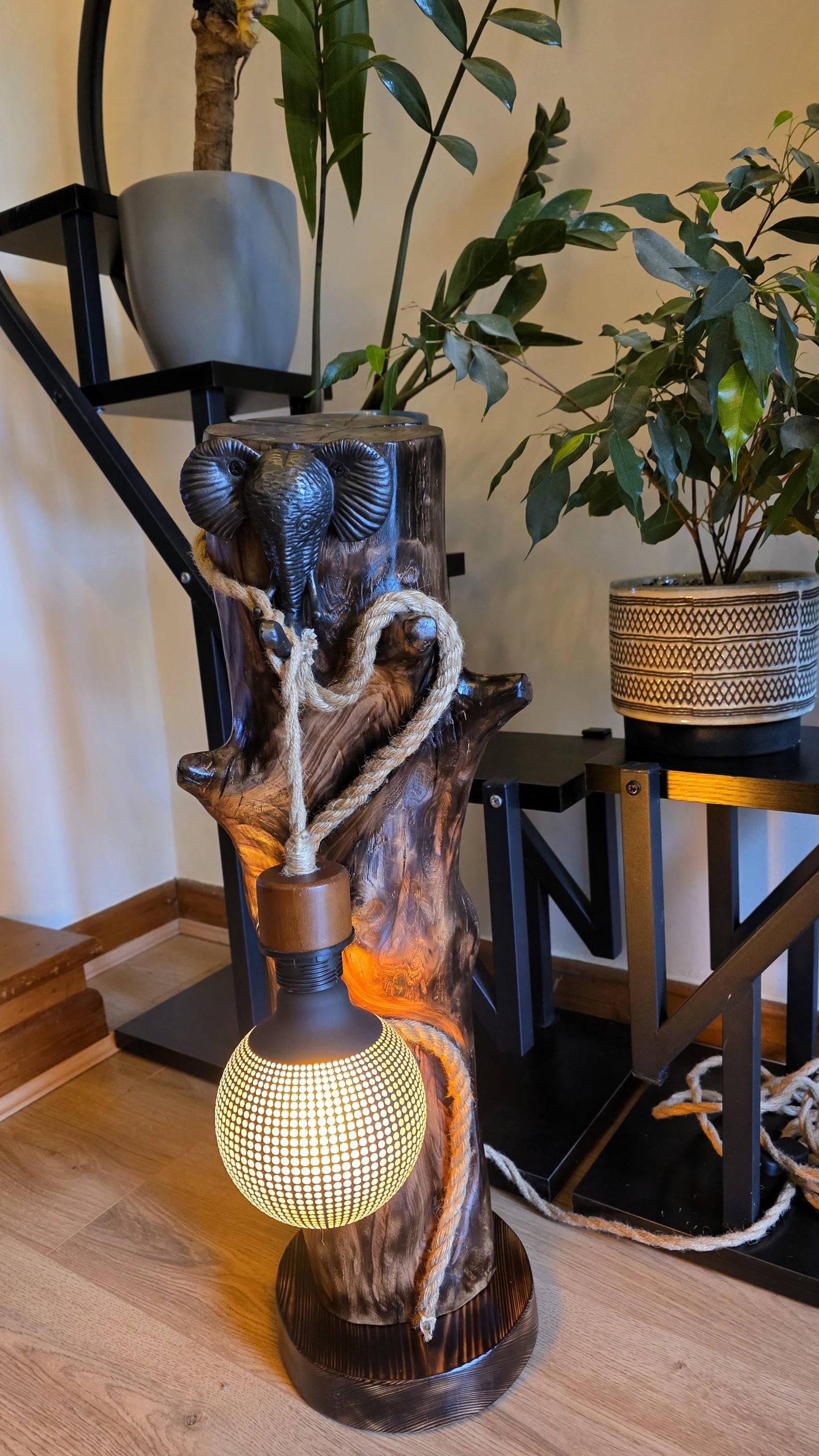 🐘 Rustic Apple Wood Elephant Lamp – Wild Spirit