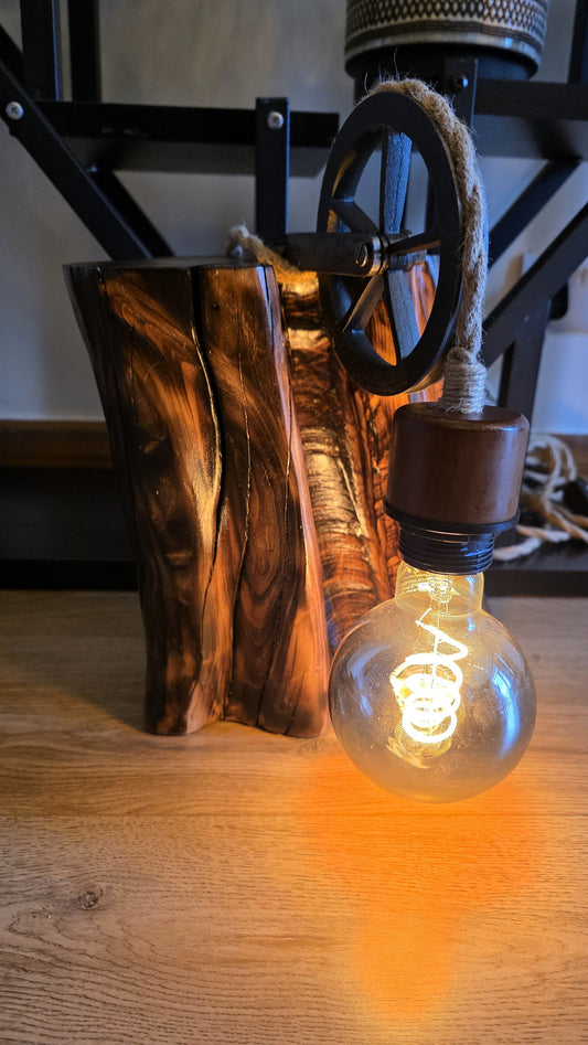 Rustic Apple Wood Pulley Lamp – Industrial Rope Light