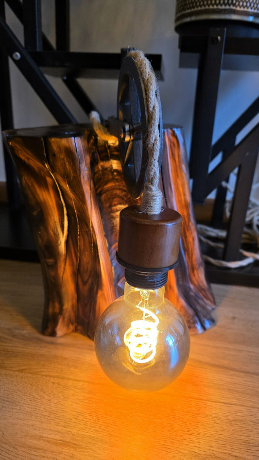 Rustic Apple Wood Pulley Lamp – Industrial Rope Light