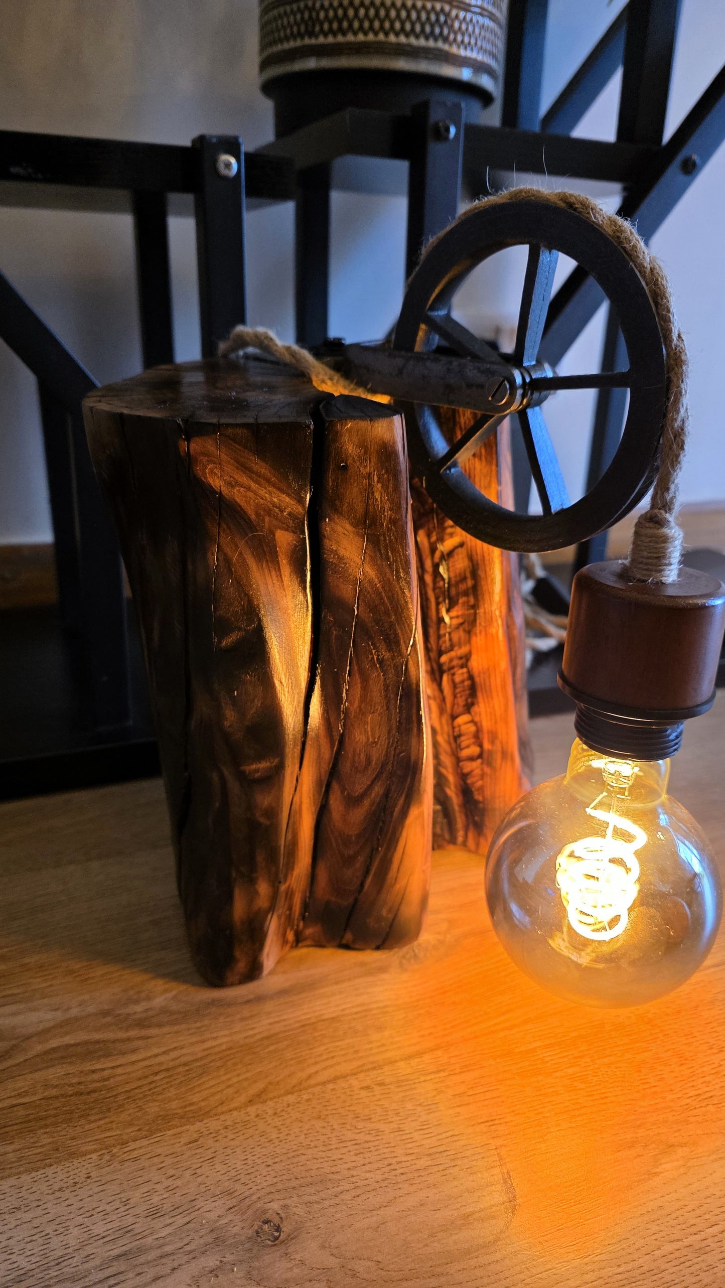 Rustic Apple Wood Pulley Lamp – Industrial Rope Light