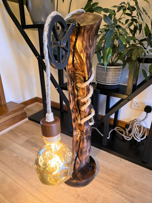 Rustic Apple Wood Pulley Lamp – Handmade Wooden Table Lamp