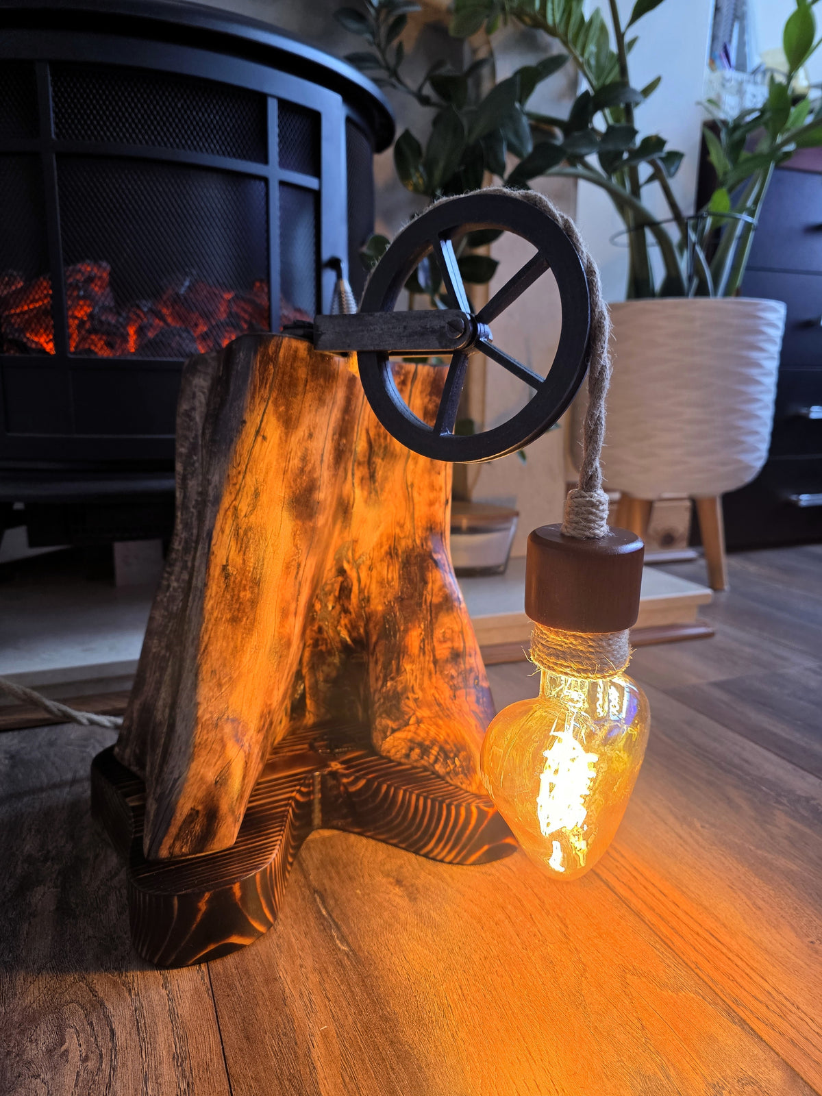 Handmade Beech Wood Lamp with Rustic Metal Pulley & Heart Bulb
