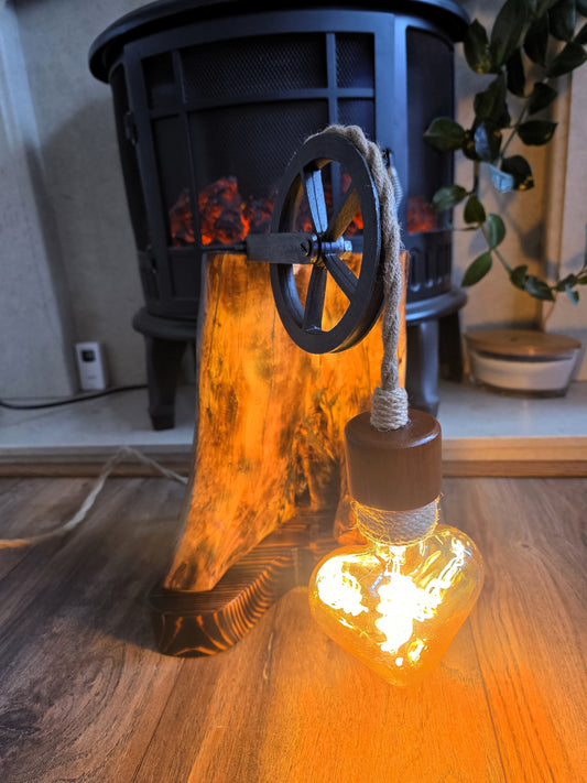 Handmade Beech Wood Lamp with Rustic Metal Pulley & Heart Bulb