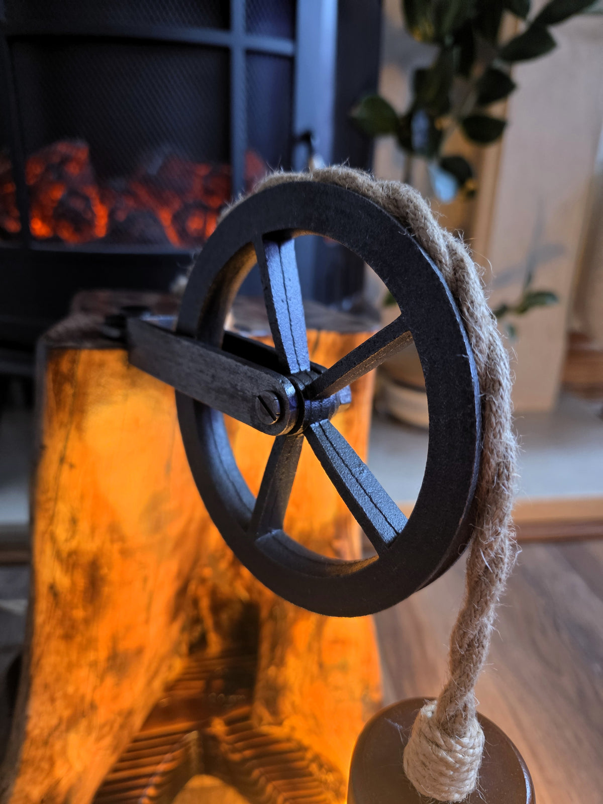 Handmade Beech Wood Lamp with Rustic Metal Pulley & Heart Bulb