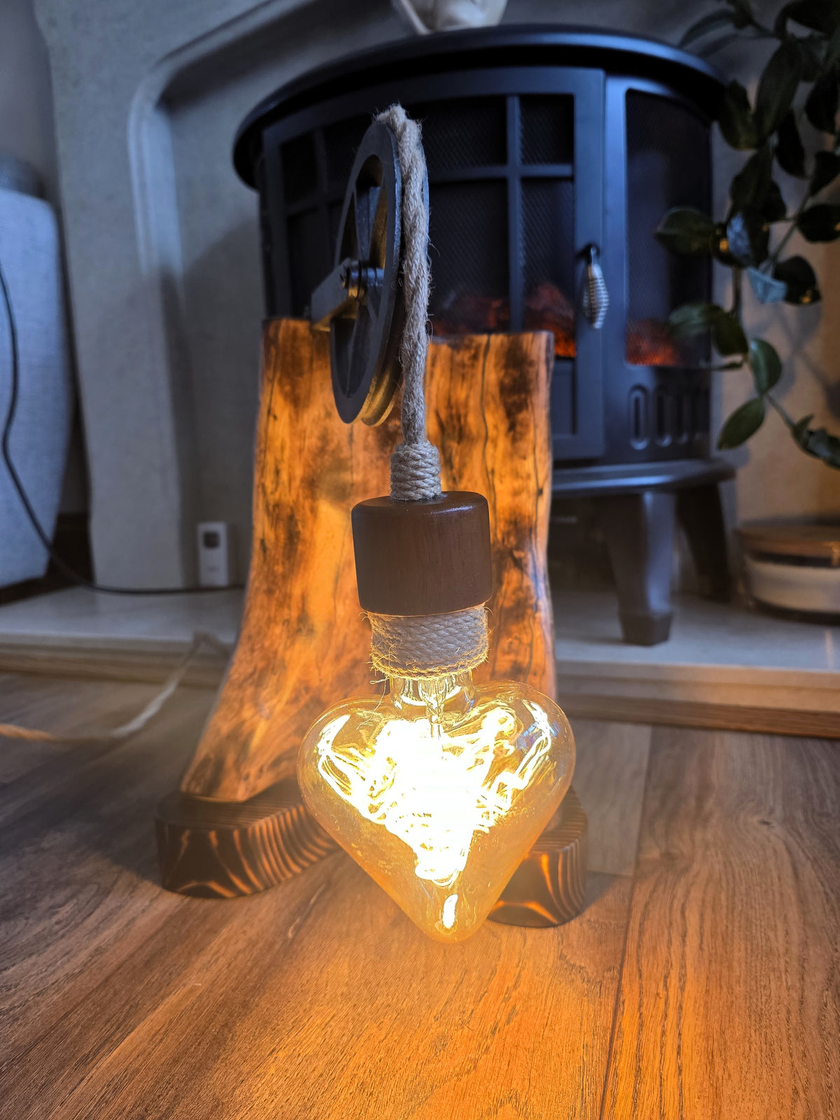 Handmade Beech Wood Lamp with Rustic Metal Pulley & Heart Bulb