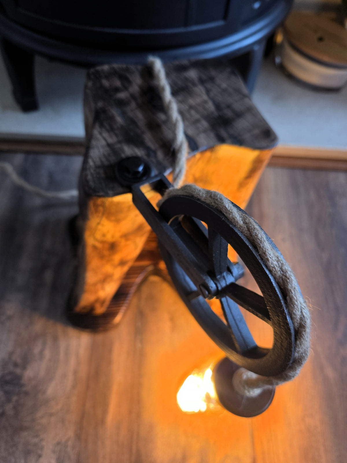 Handmade Beech Wood Lamp with Rustic Metal Pulley & Heart Bulb
