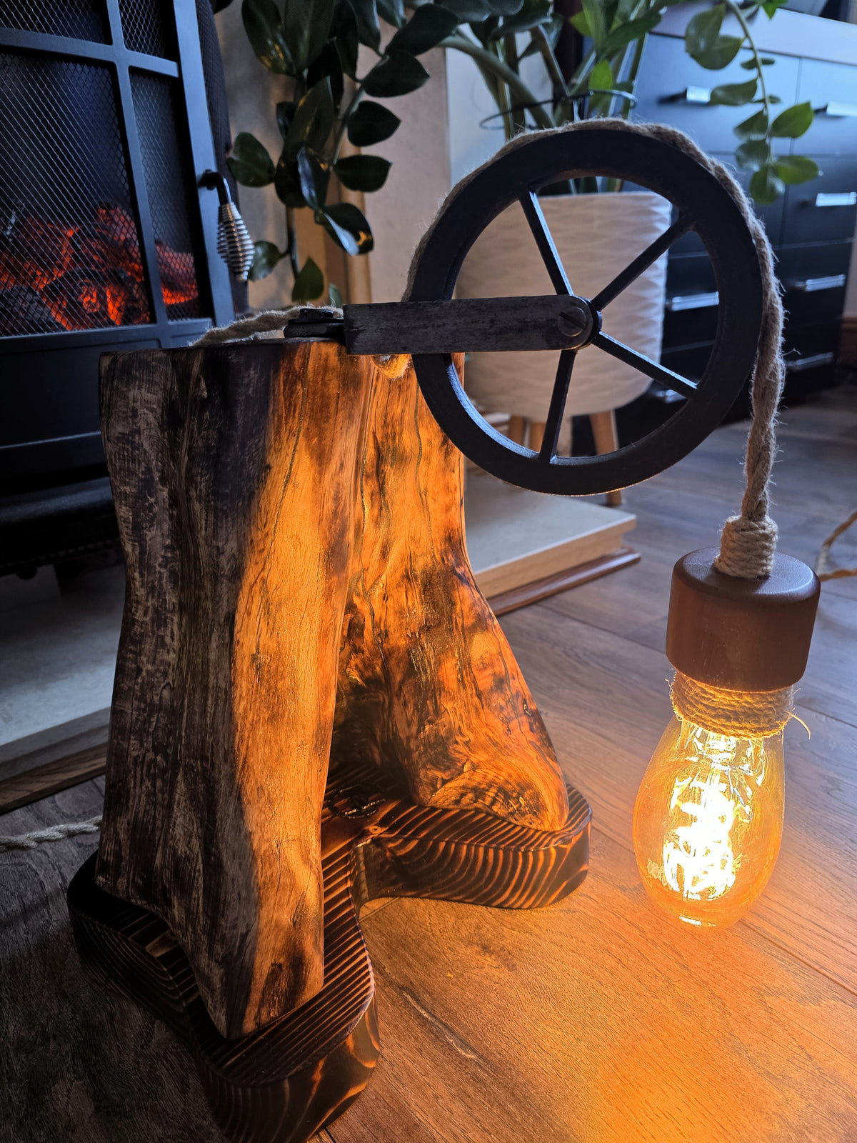 Handmade Beech Wood Lamp with Rustic Metal Pulley & Heart Bulb