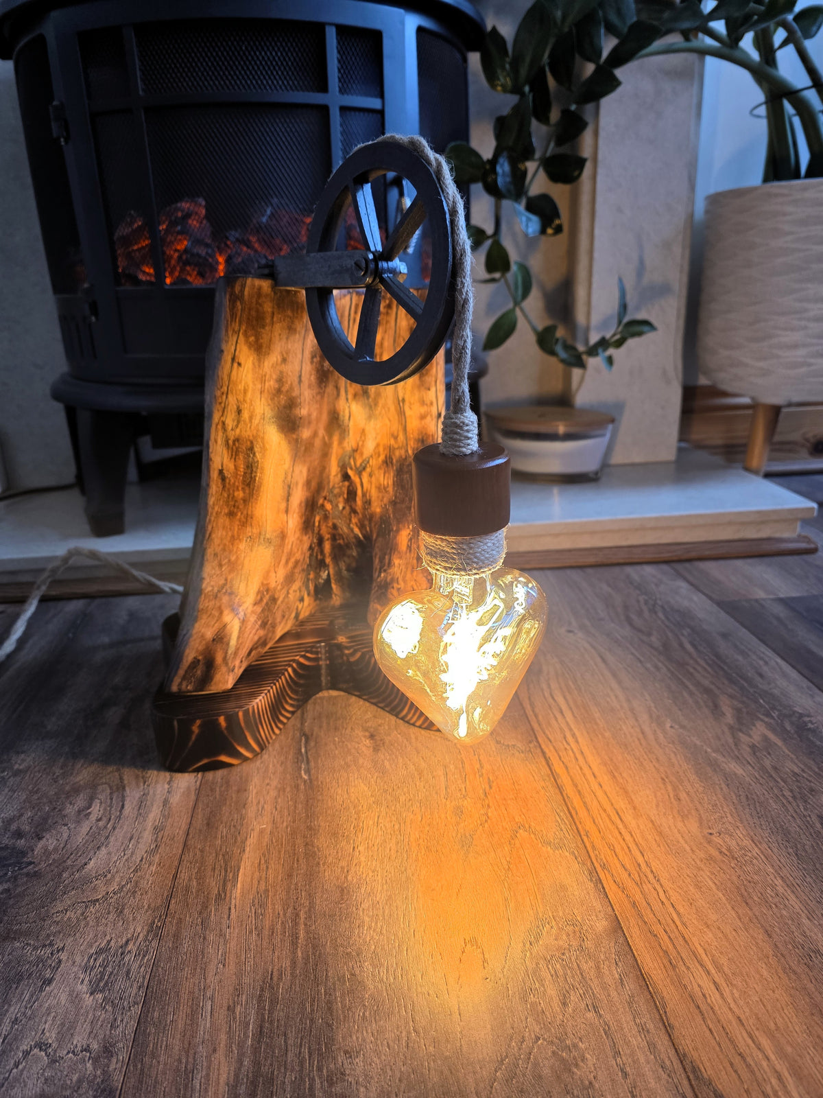 Handmade Beech Wood Lamp with Rustic Metal Pulley & Heart Bulb