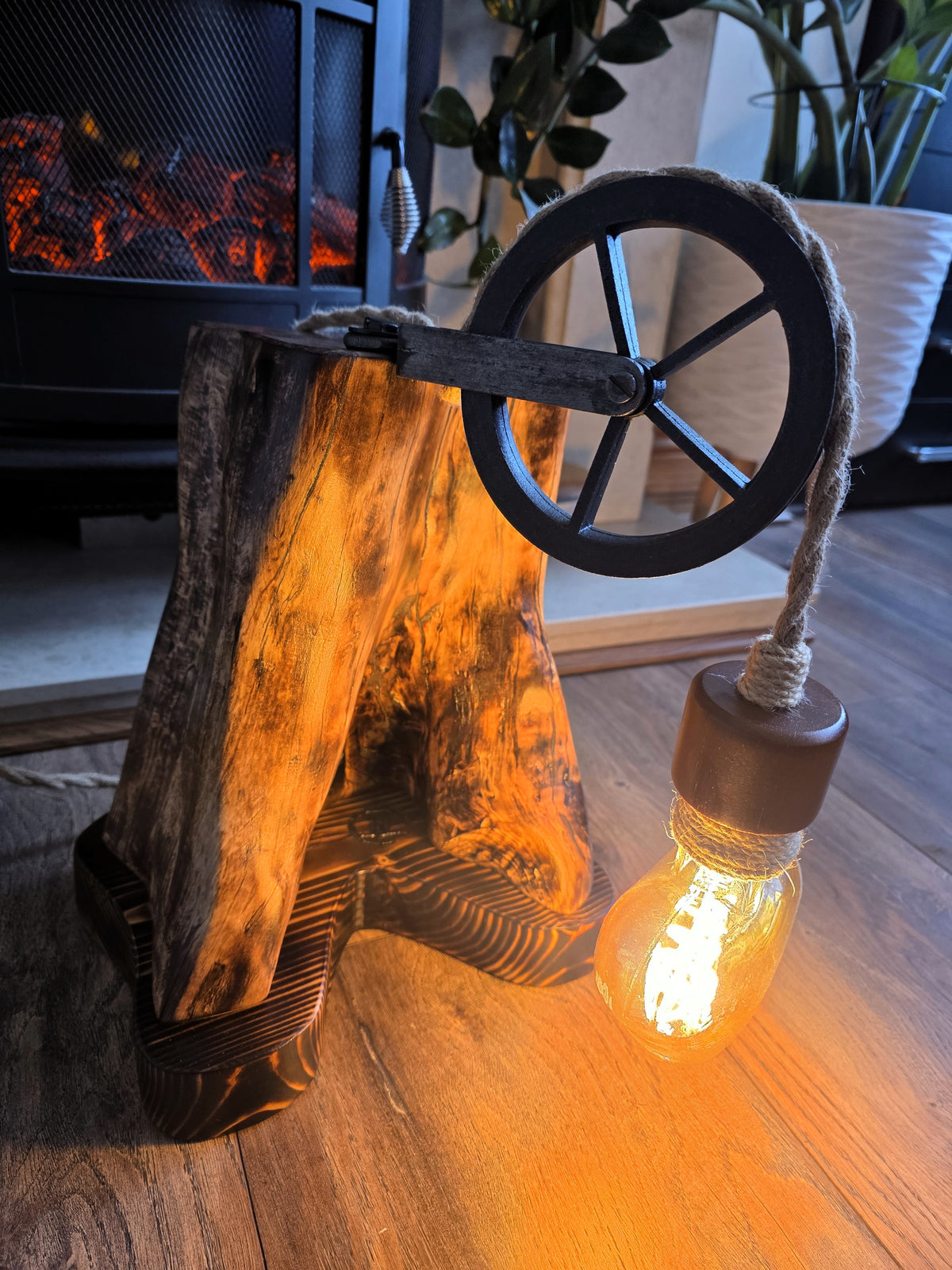 Handmade Beech Wood Lamp with Rustic Metal Pulley & Heart Bulb