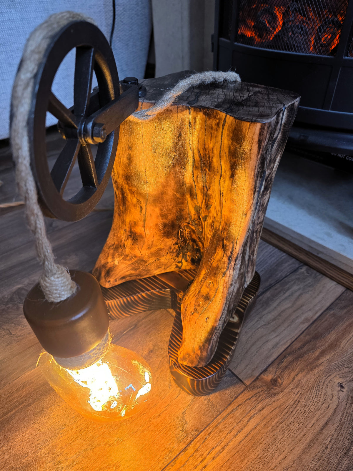 Handmade Beech Wood Lamp with Rustic Metal Pulley & Heart Bulb