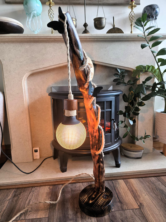 Handmade Apple Wood Floor Lamp with Two Metal Butterflies