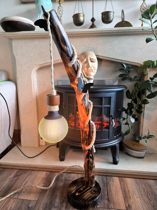 Handmade Apple Wood Floor Lamp with Two Metal Butterflies