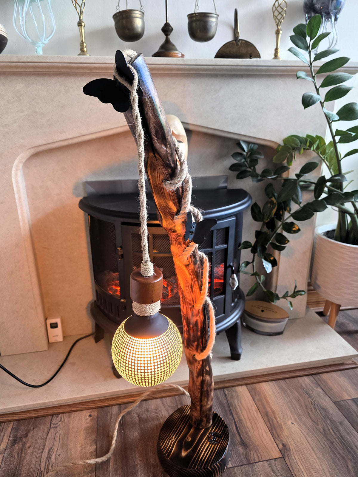 Handmade Apple Wood Floor Lamp with Two Metal Butterflies