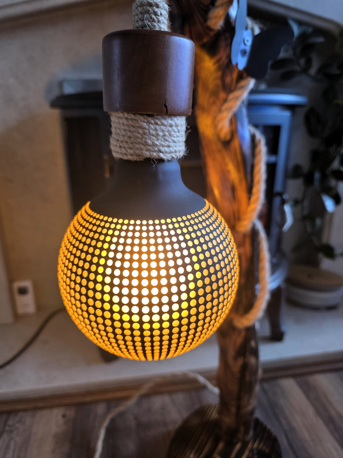 Handmade Apple Wood Floor Lamp with Two Metal Butterflies