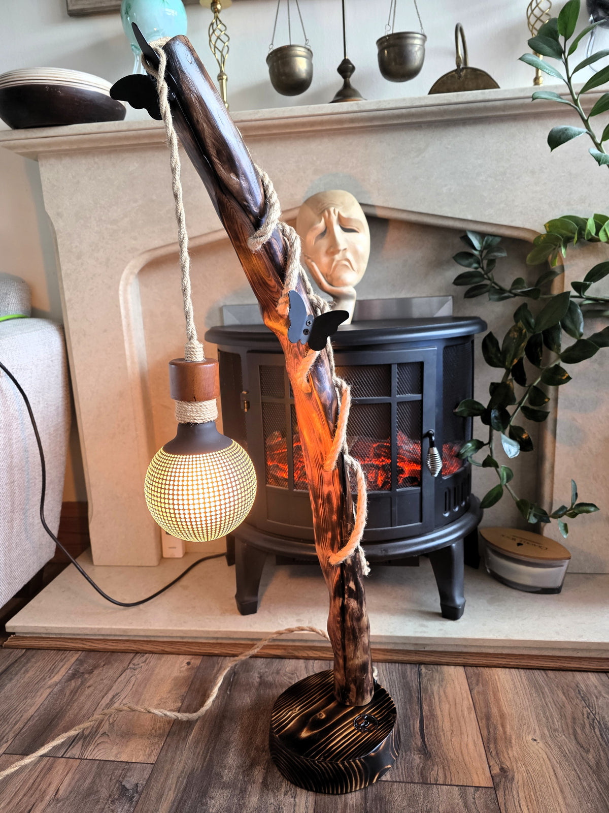 Handmade Apple Wood Floor Lamp with Two Metal Butterflies