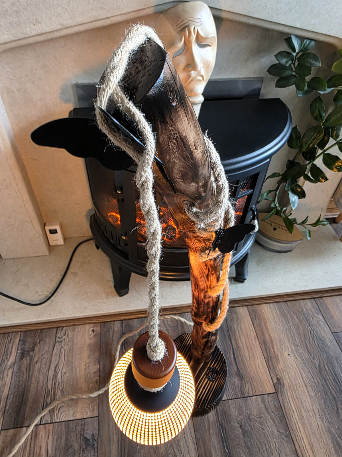 Handmade Apple Wood Floor Lamp with Two Metal Butterflies
