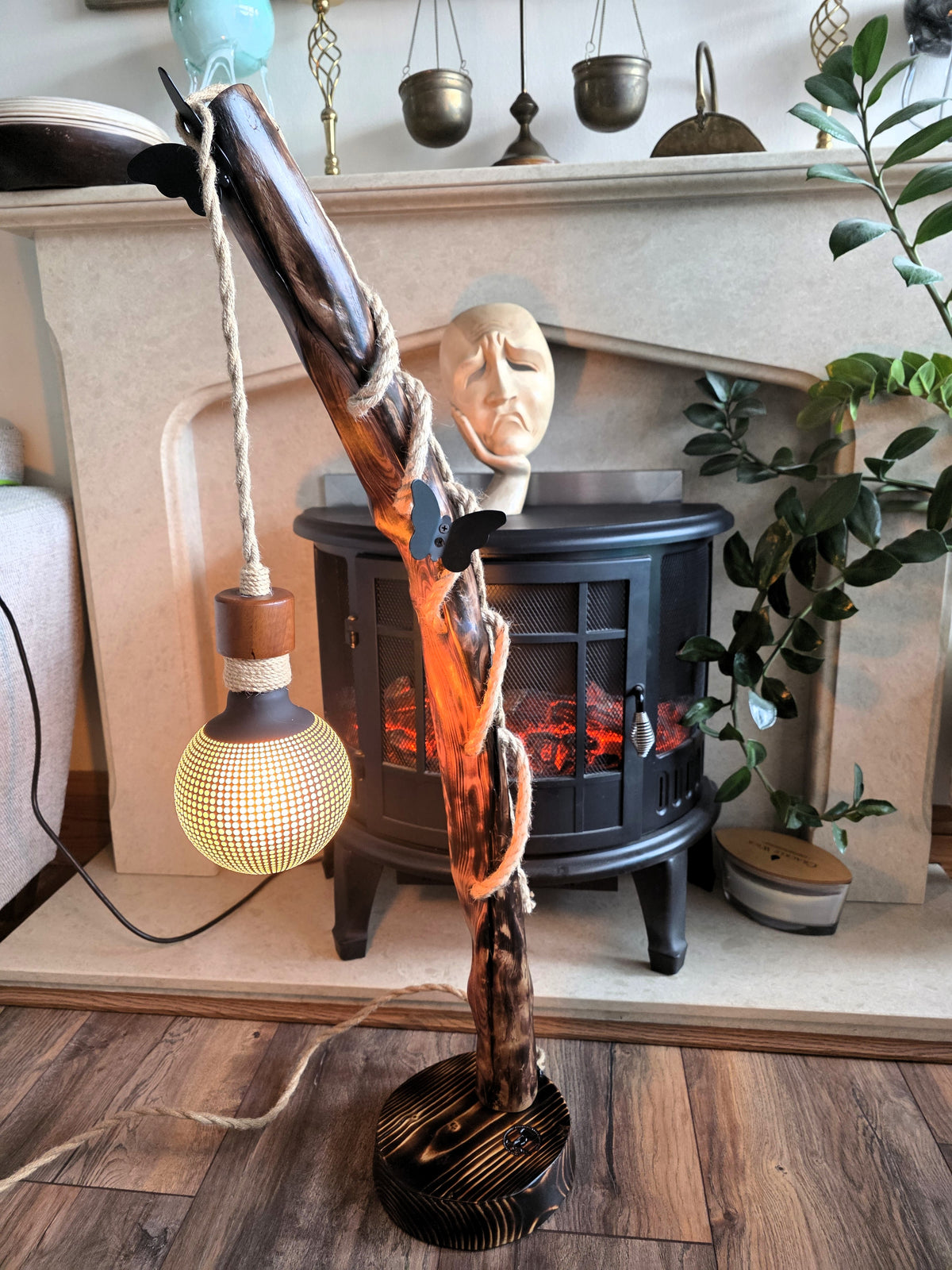 Handmade Apple Wood Floor Lamp with Two Metal Butterflies