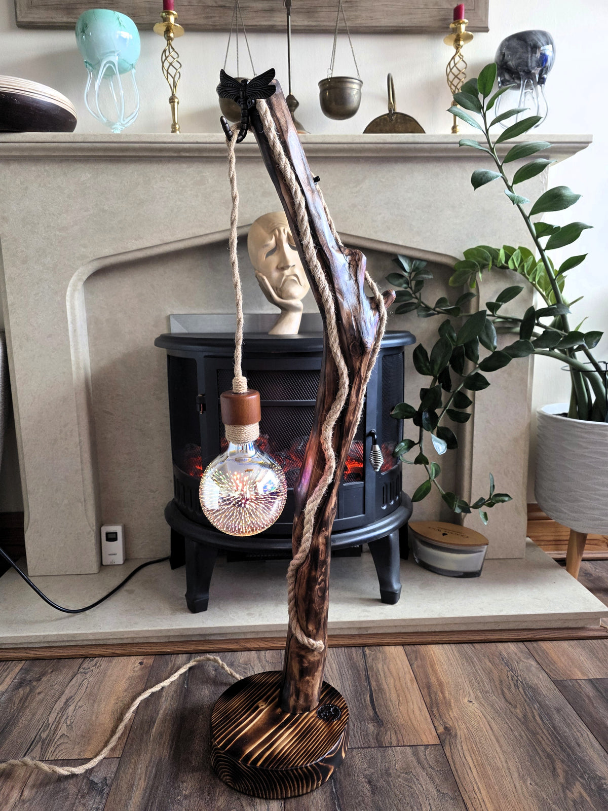 Handcrafted Apple Wood Floor Lamp – Dragonfly & 3D Firework Glow