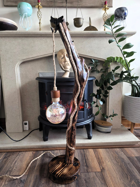 Handcrafted Apple Wood Floor Lamp – Dragonfly & 3D Firework Glow