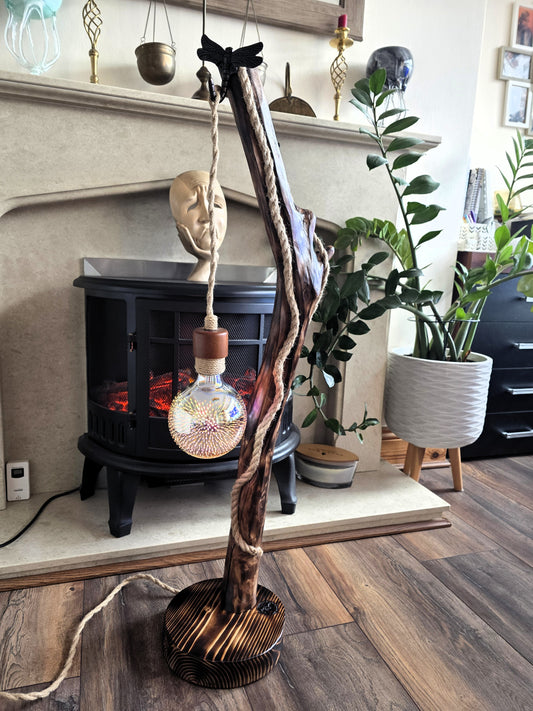 Handcrafted Apple Wood Floor Lamp – Dragonfly & 3D Firework Glow