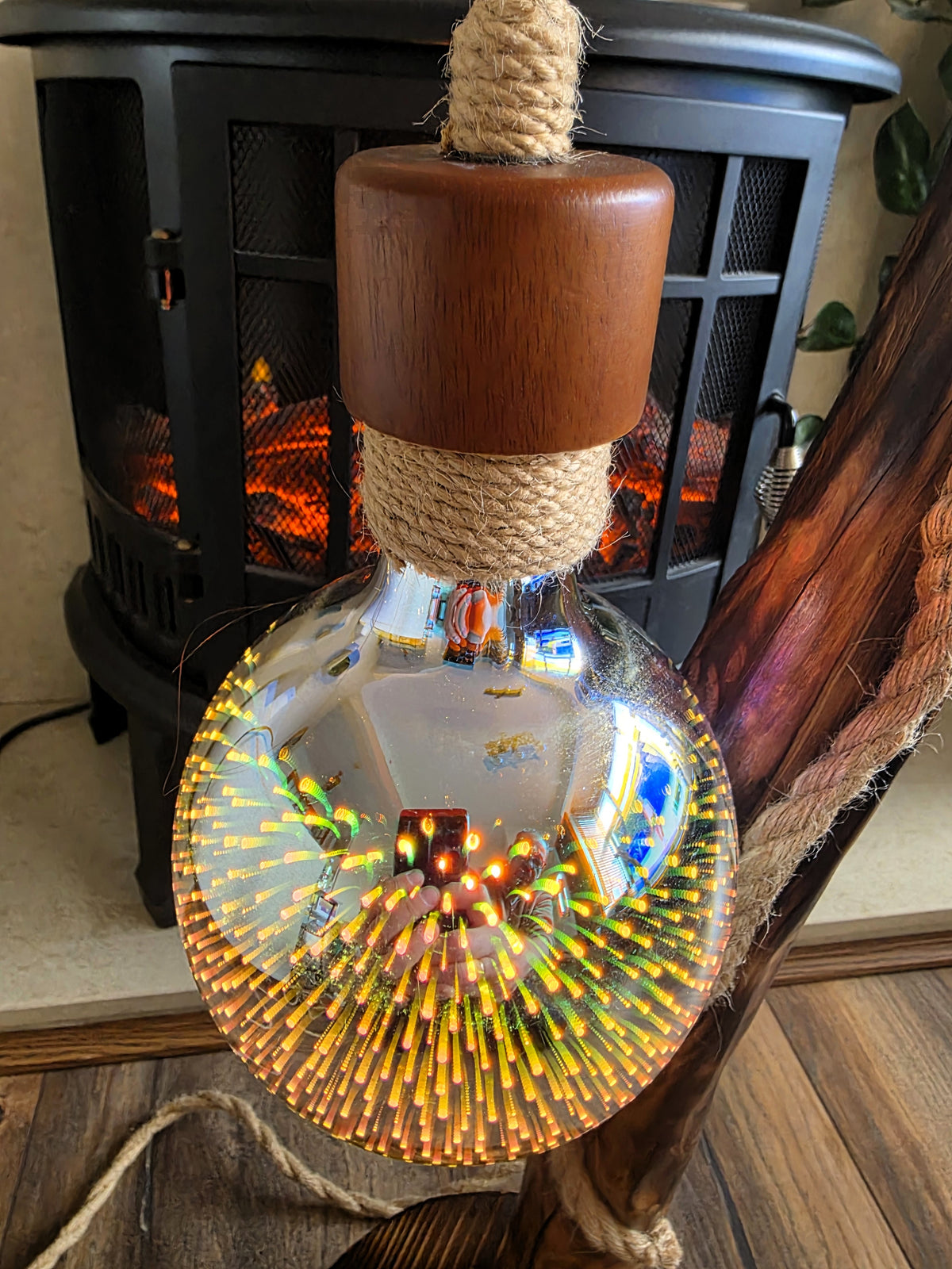 Handcrafted Apple Wood Floor Lamp – Dragonfly & 3D Firework Glow