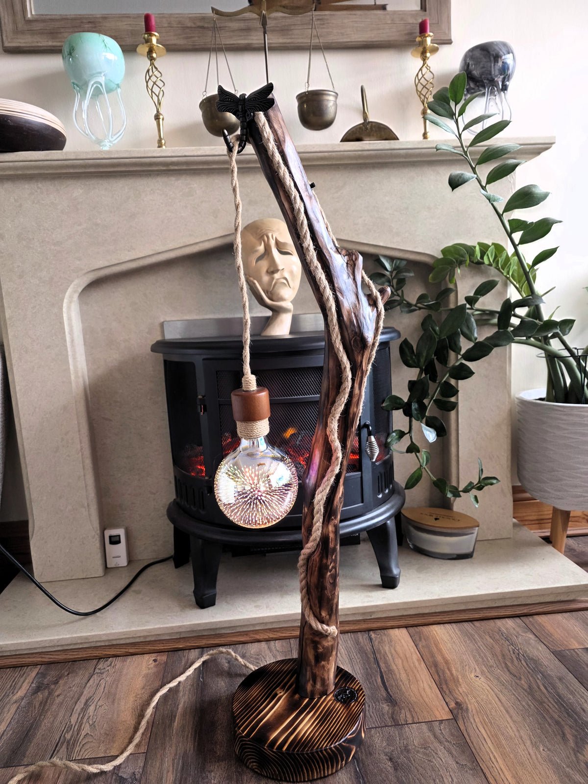 Handcrafted Apple Wood Floor Lamp – Dragonfly & 3D Firework Glow