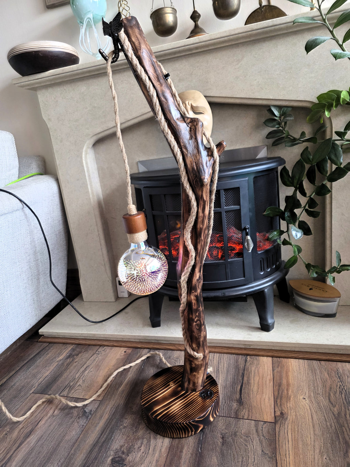 Handcrafted Apple Wood Floor Lamp – Dragonfly & 3D Firework Glow