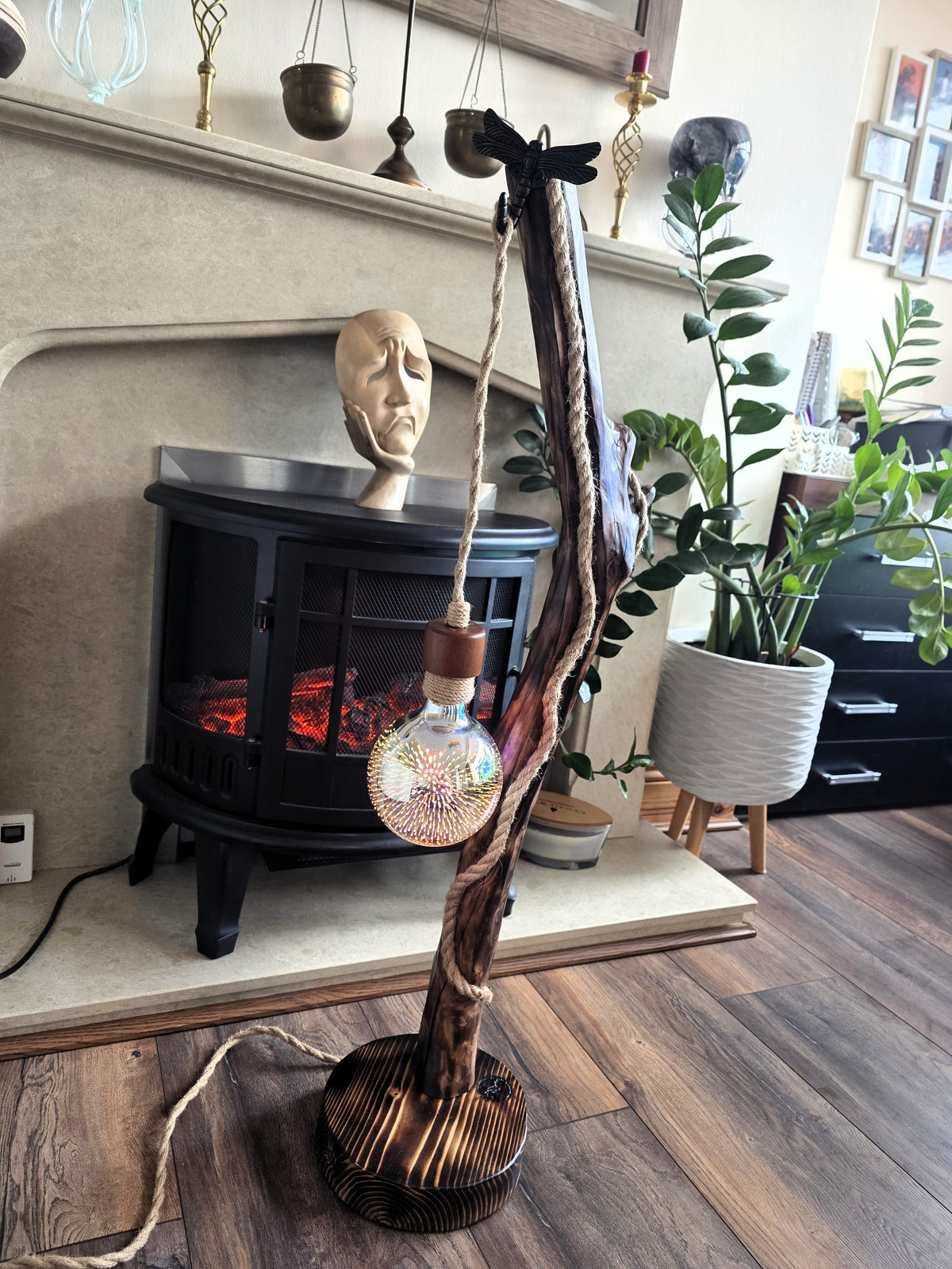 Handcrafted Apple Wood Floor Lamp – Dragonfly & 3D Firework Glow