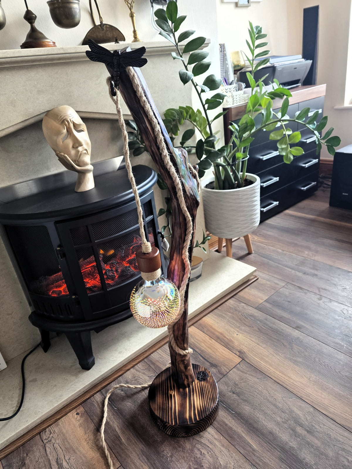 Handcrafted Apple Wood Floor Lamp – Dragonfly & 3D Firework Glow