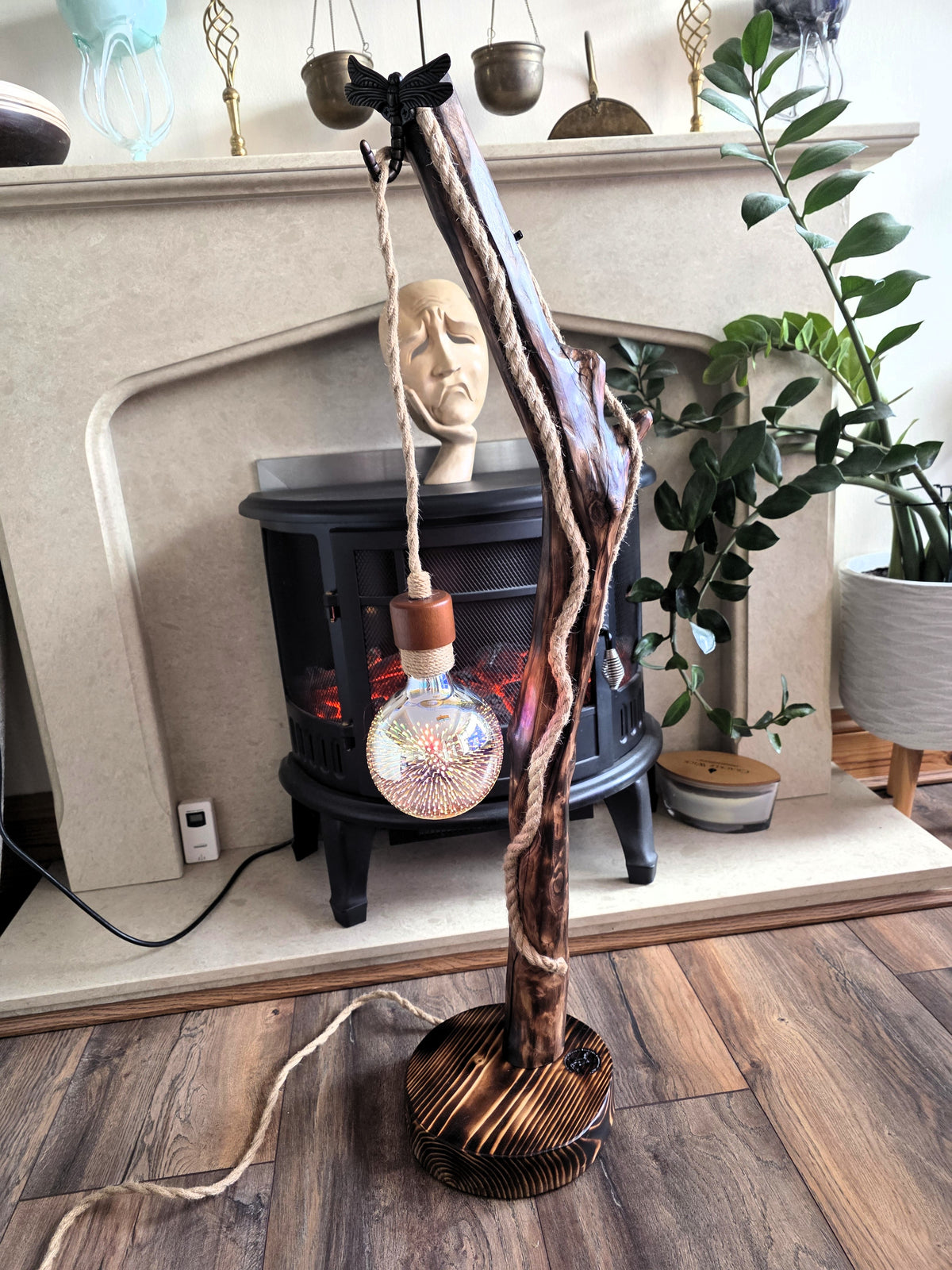 Handcrafted Apple Wood Floor Lamp – Dragonfly & 3D Firework Glow
