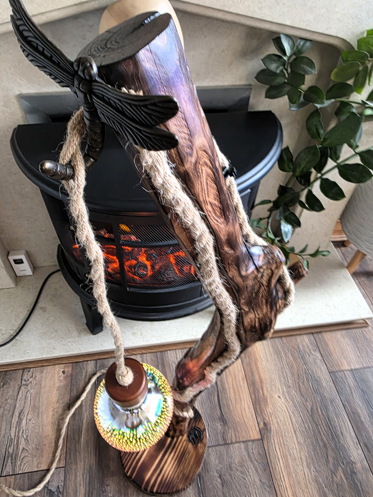 Handcrafted Apple Wood Floor Lamp – Dragonfly & 3D Firework Glow