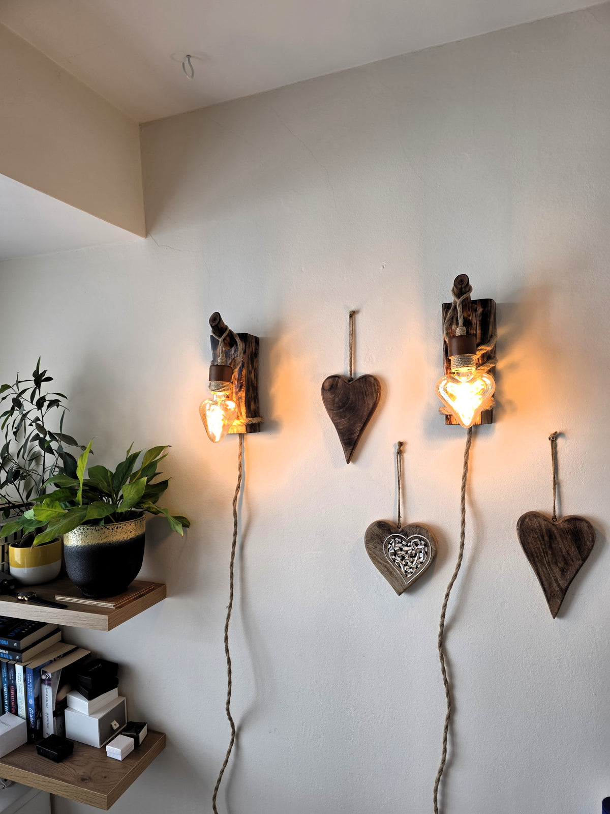 Rustic Beech Wood Wall Sconces – Set of 2 with Heart-Shaped Bulbs