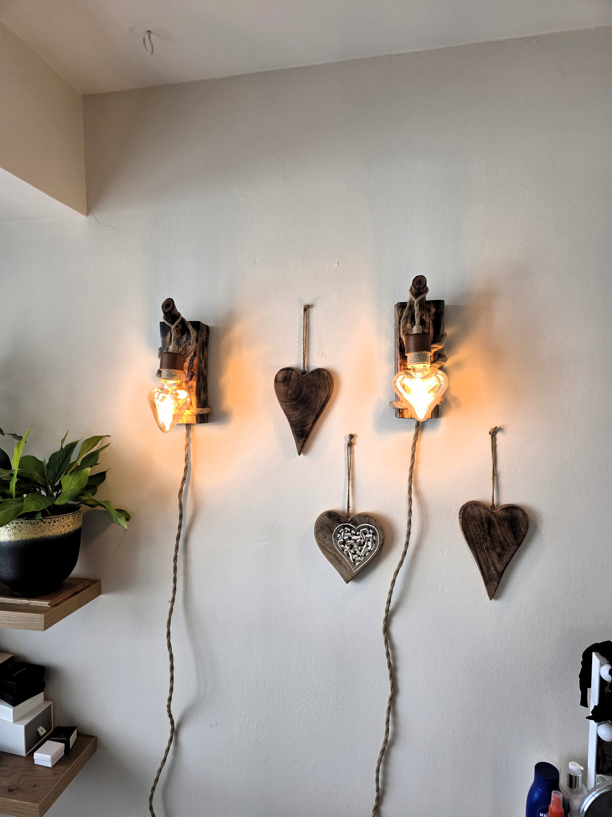 Rustic Beech Wood Wall Sconces – Set of 2 with Heart-Shaped Bulbs