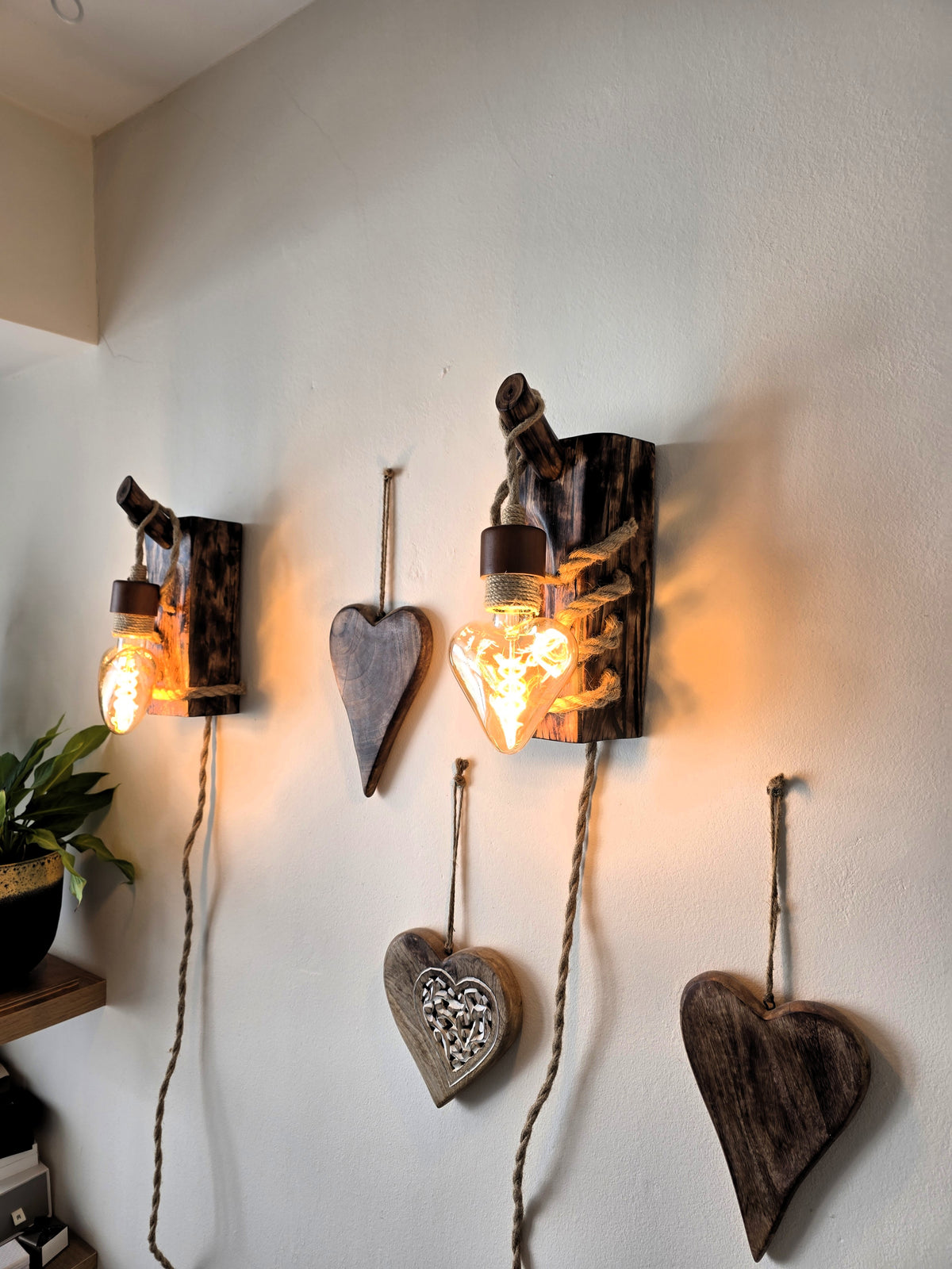 Rustic Beech Wood Wall Sconces – Set of 2 with Heart-Shaped Bulbs