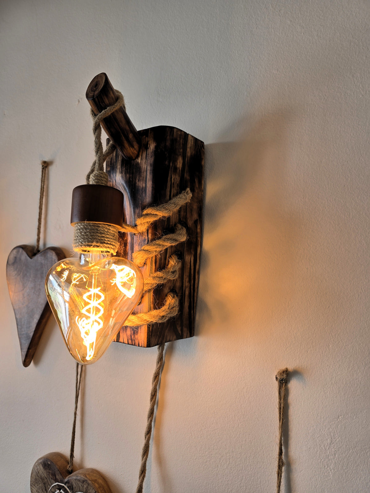 Rustic Beech Wood Wall Sconces – Set of 2 with Heart-Shaped Bulbs