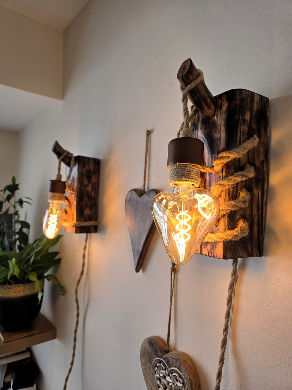 Rustic Beech Wood Wall Sconces – Set of 2 with Heart-Shaped Bulbs