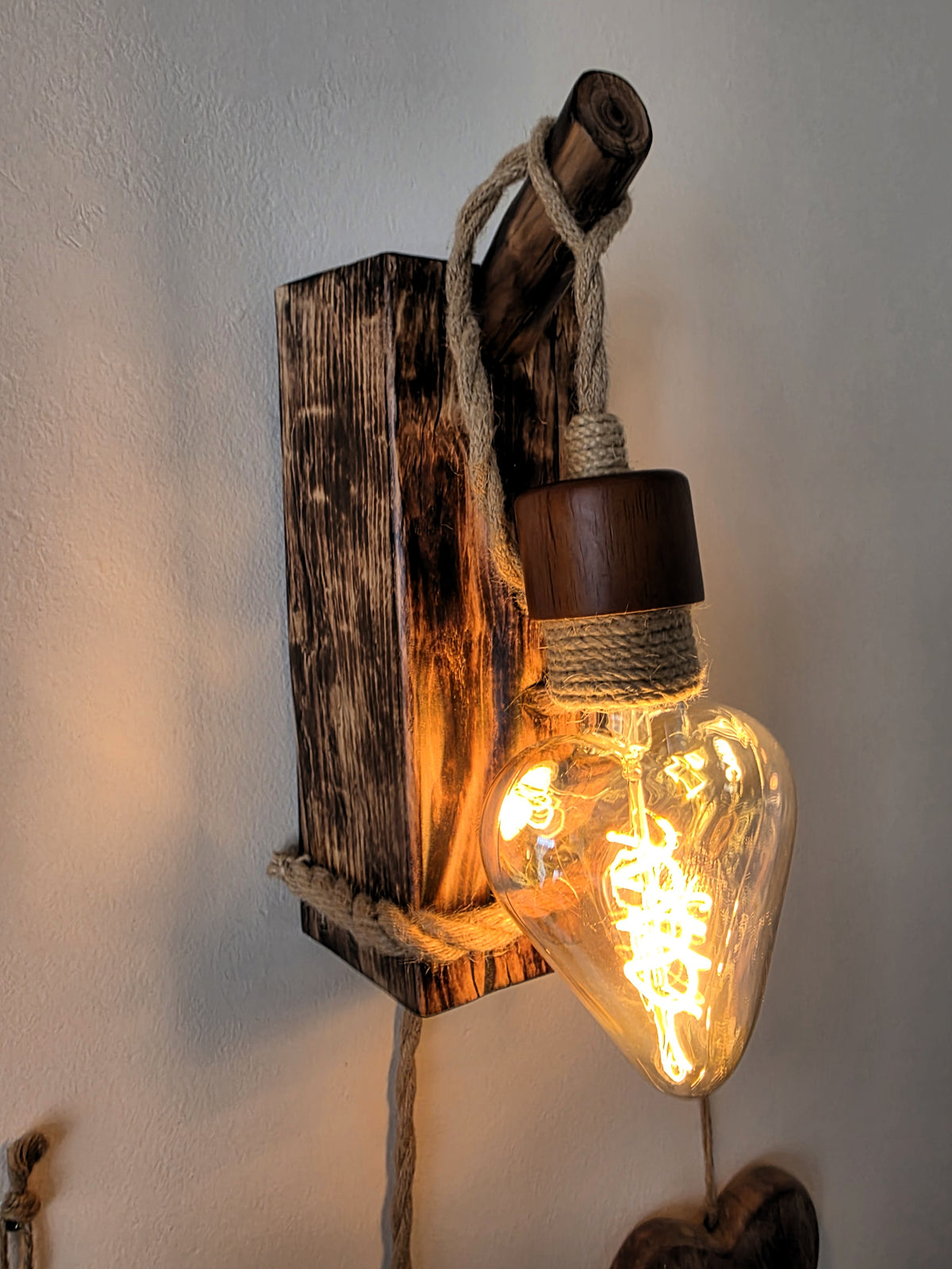 Rustic Beech Wood Wall Sconces – Set of 2 with Heart-Shaped Bulbs