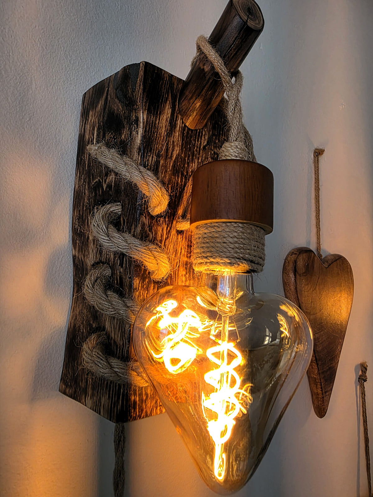 Rustic Beech Wood Wall Sconces – Set of 2 with Heart-Shaped Bulbs