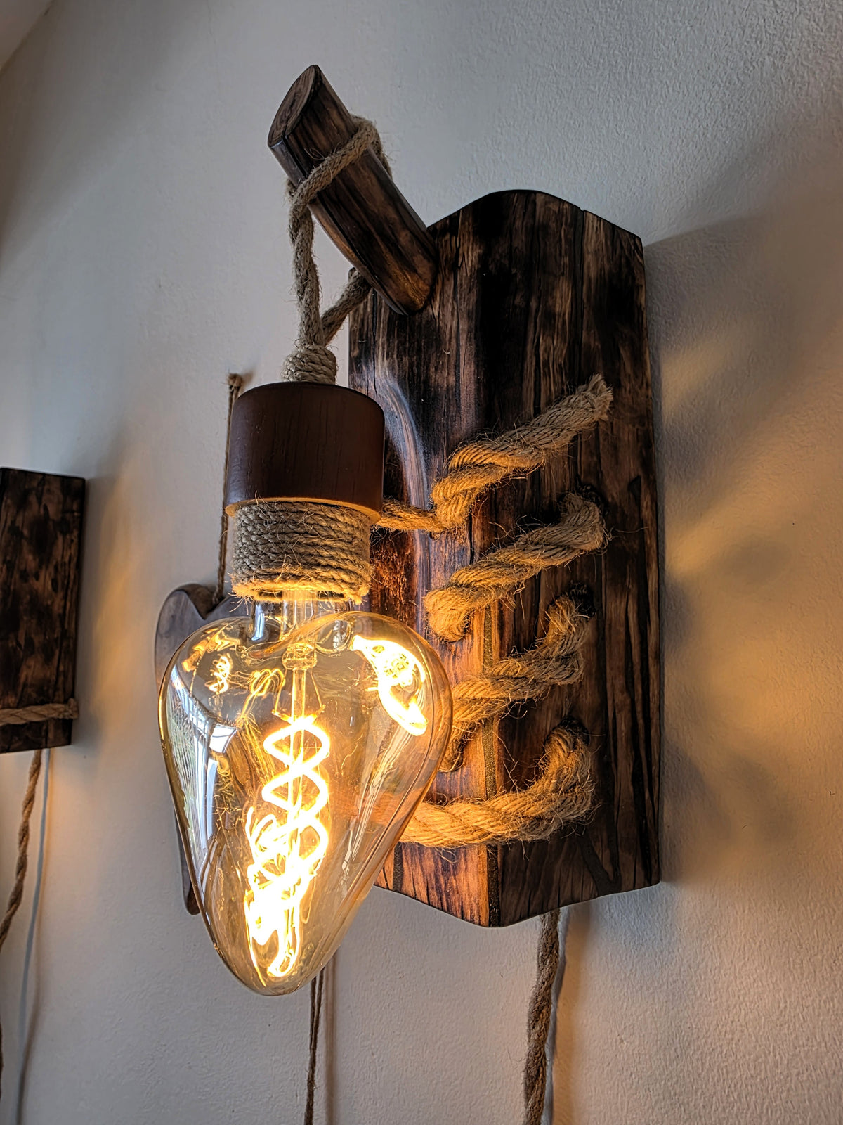 Rustic Beech Wood Wall Sconces – Set of 2 with Heart-Shaped Bulbs