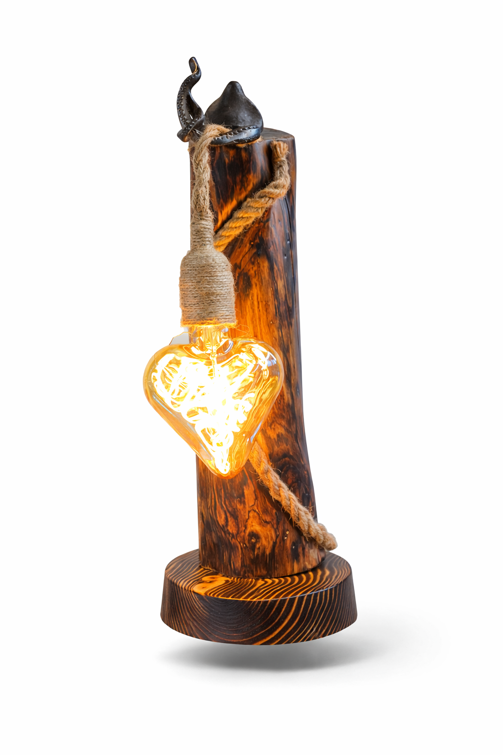 Handmade Rustic Wooden Lamp with Heart Edison Bulb – Unique Eco Light