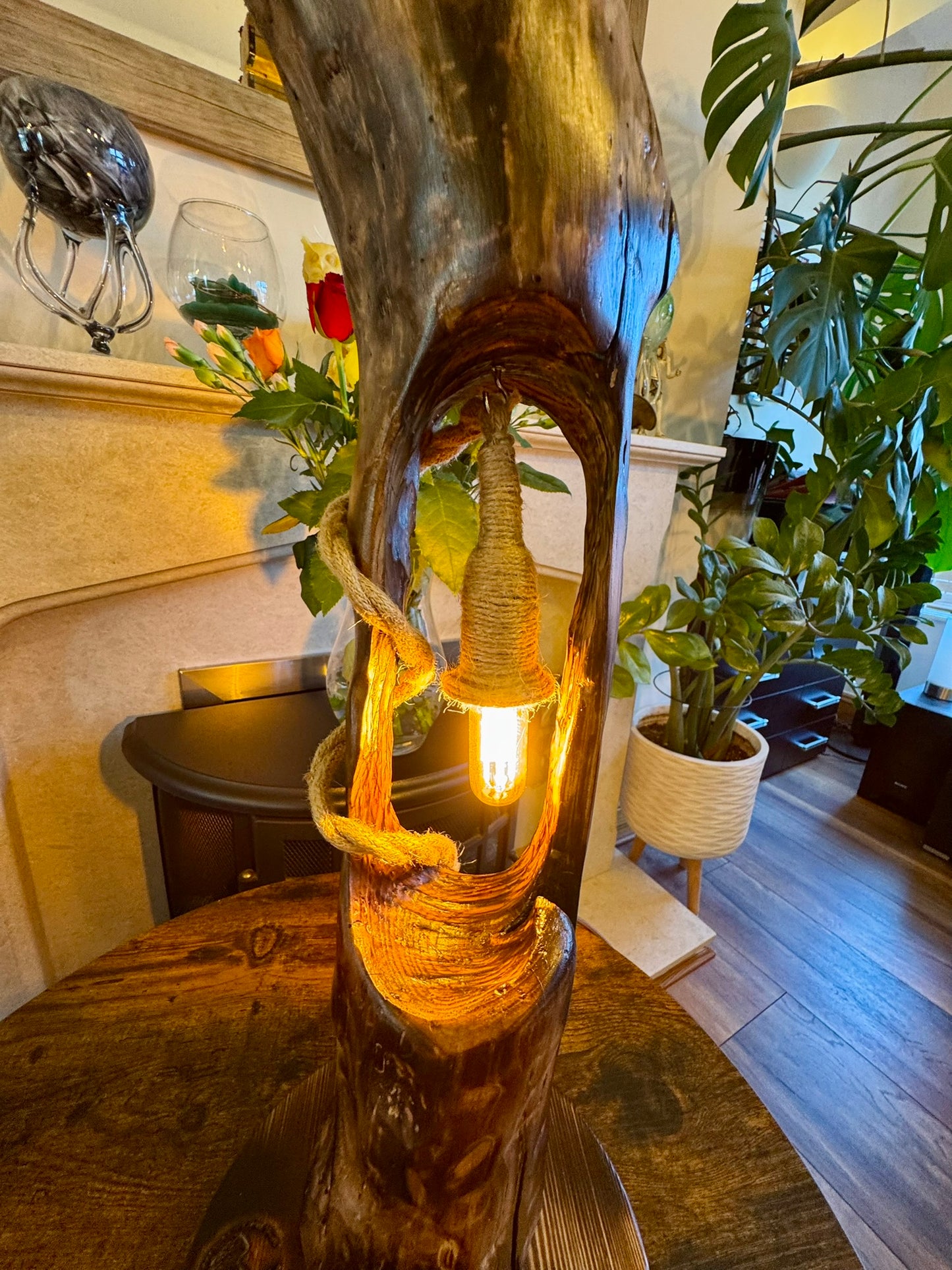 "Handcrafted Branch Lamp – Natural Wood Sculpture with Rope & Edison Bulb"