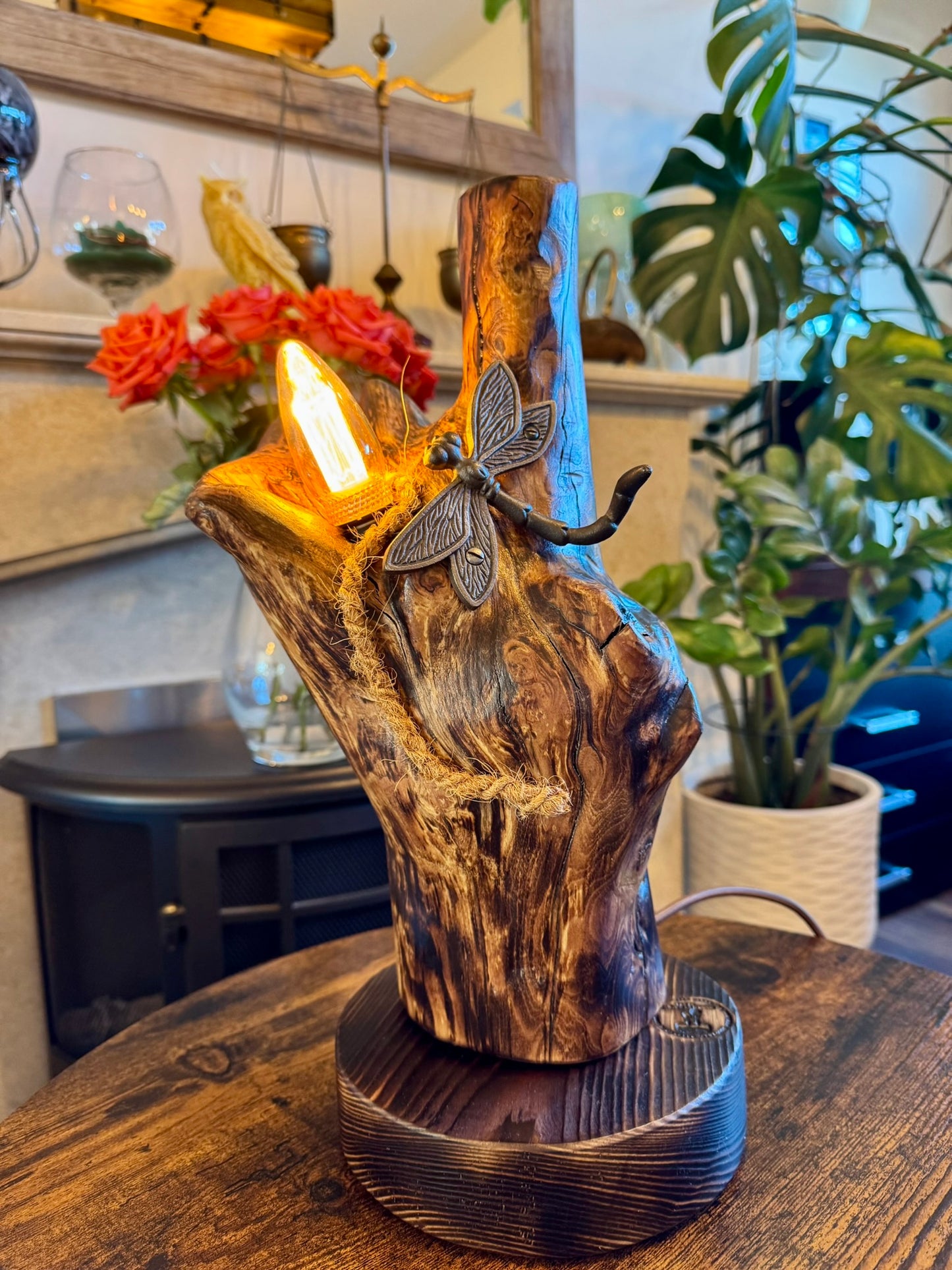 Apple Wood Lamp with Dragonfly Accent 🪰 – Unique Handmade Lighting