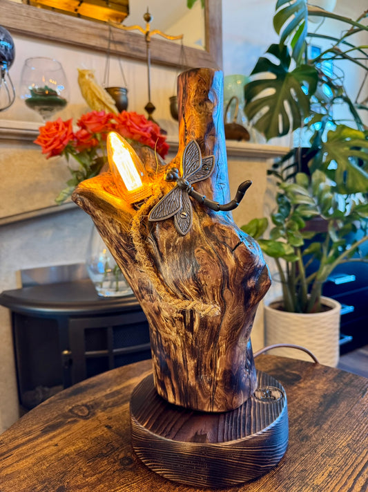 Apple Wood Lamp with Dragonfly Accent 🪰 – Unique Handmade Lighting