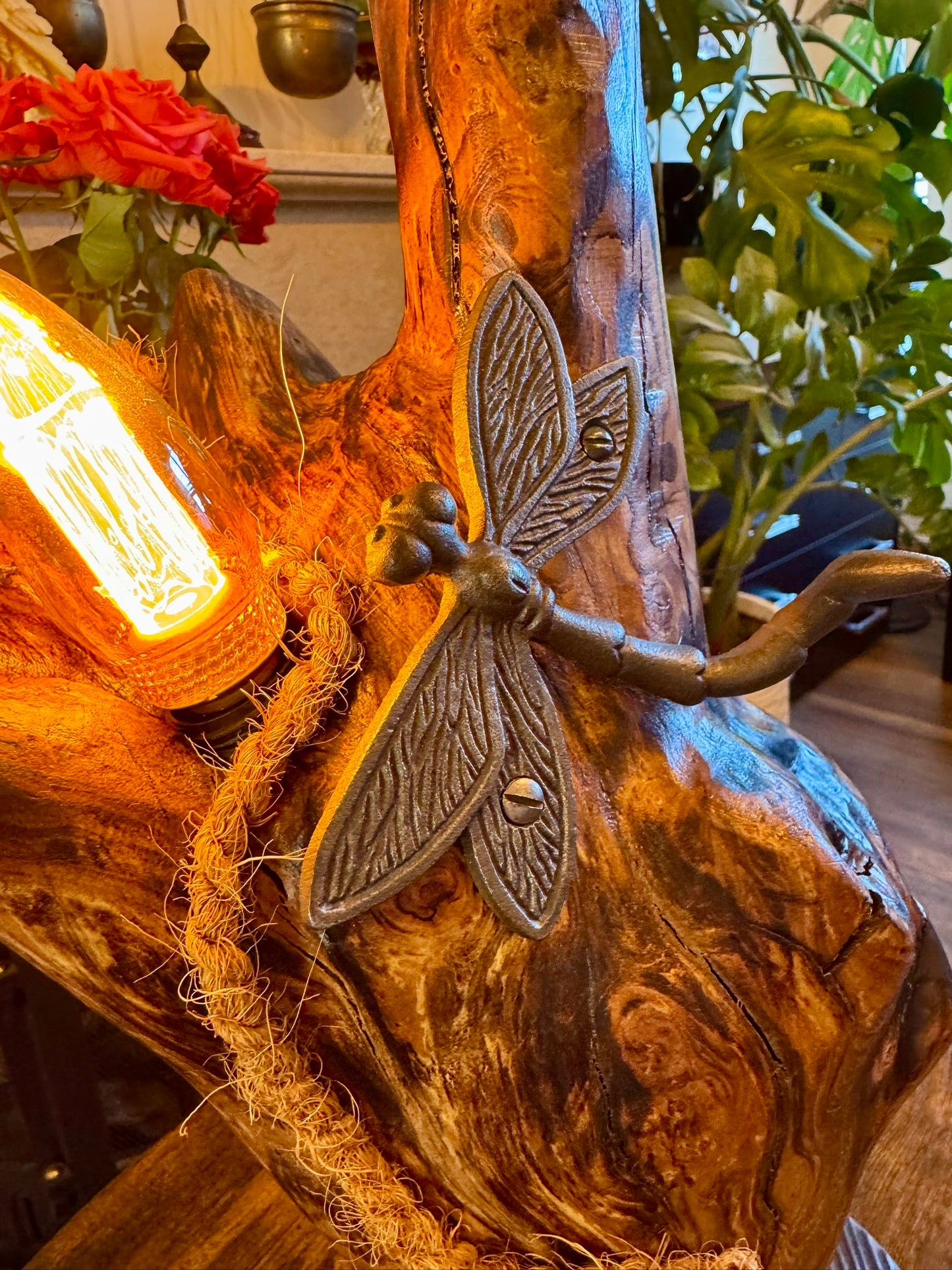 Apple Wood Lamp with Dragonfly Accent 🪰 – Unique Handmade Lighting