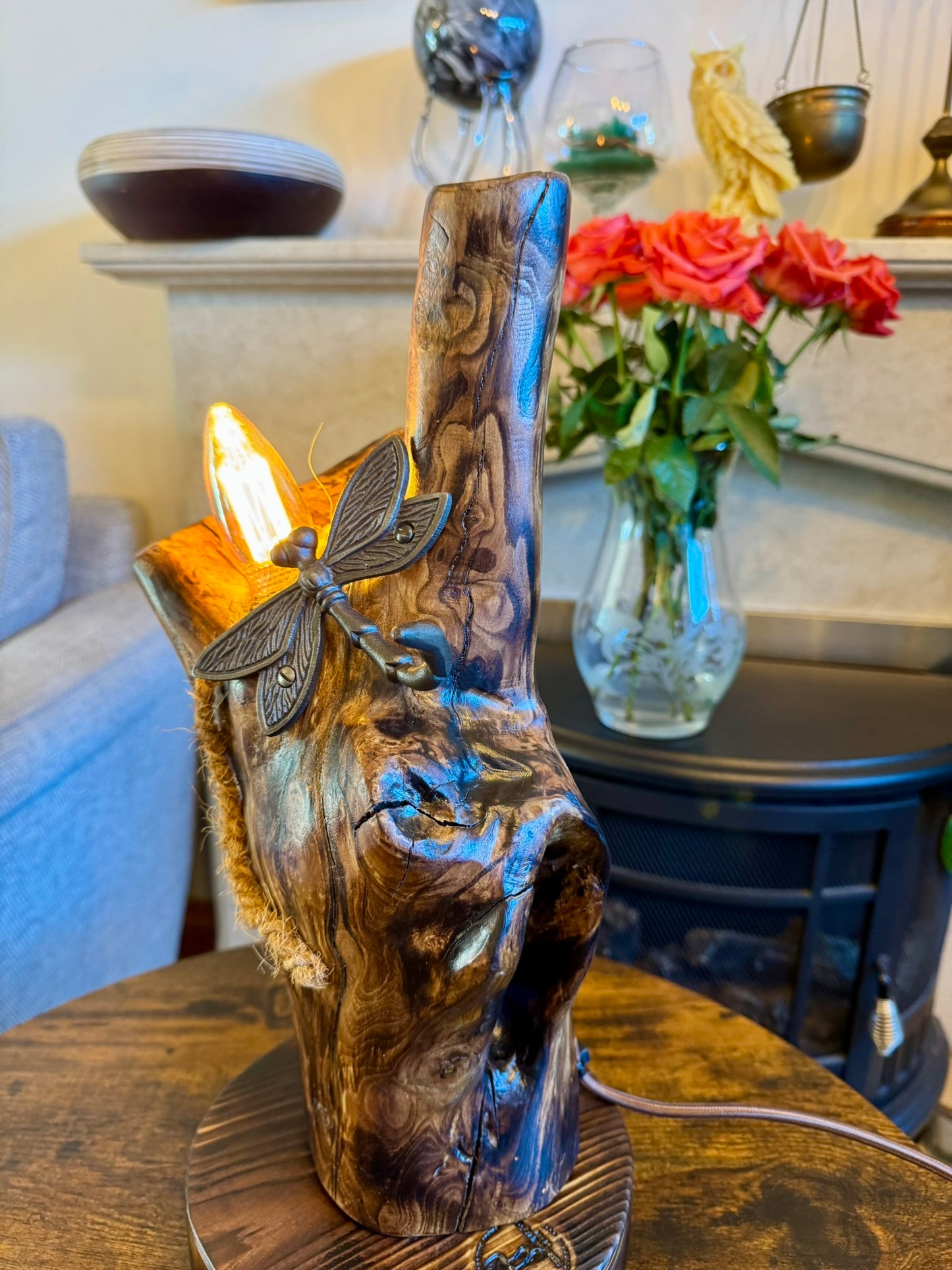 Apple Wood Lamp with Dragonfly Accent 🪰 – Unique Handmade Lighting