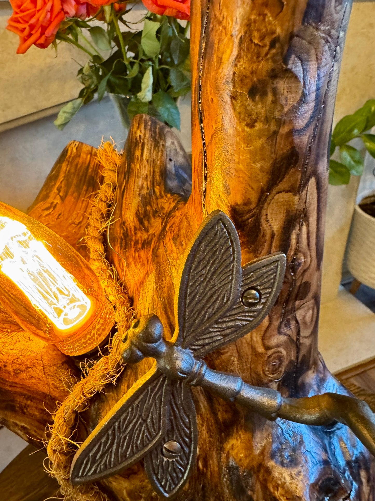 Apple Wood Lamp with Dragonfly Accent 🪰 – Unique Handmade Lighting