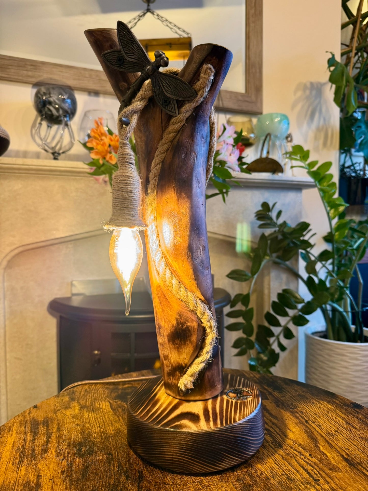 Handmade Applewood Lamp with Dragonfly Accent 🍏🪵✨