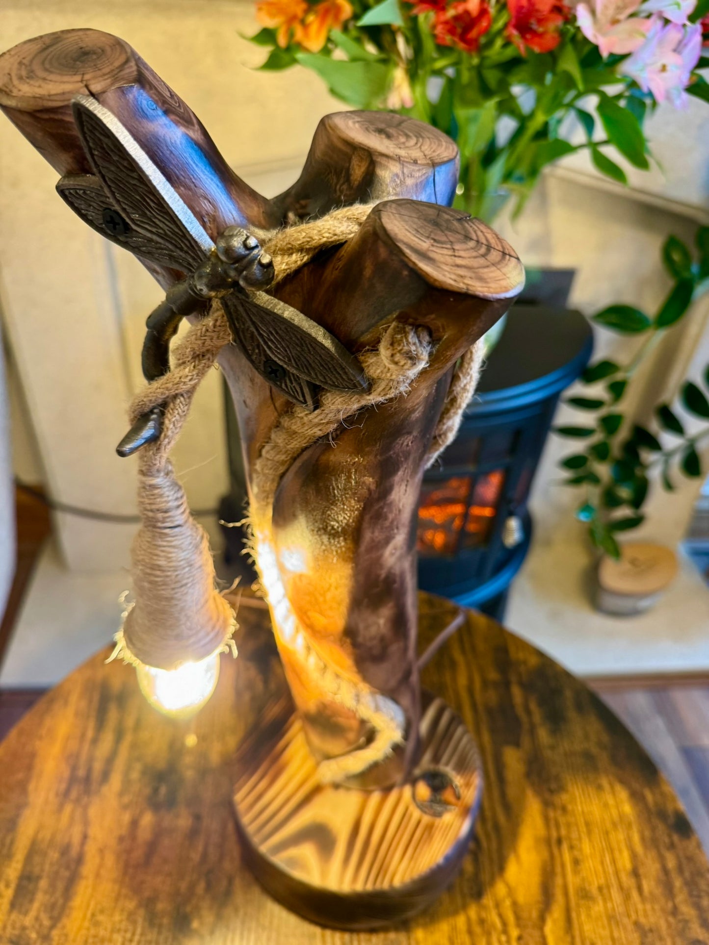 Handmade Applewood Lamp with Dragonfly Accent 🍏🪵✨