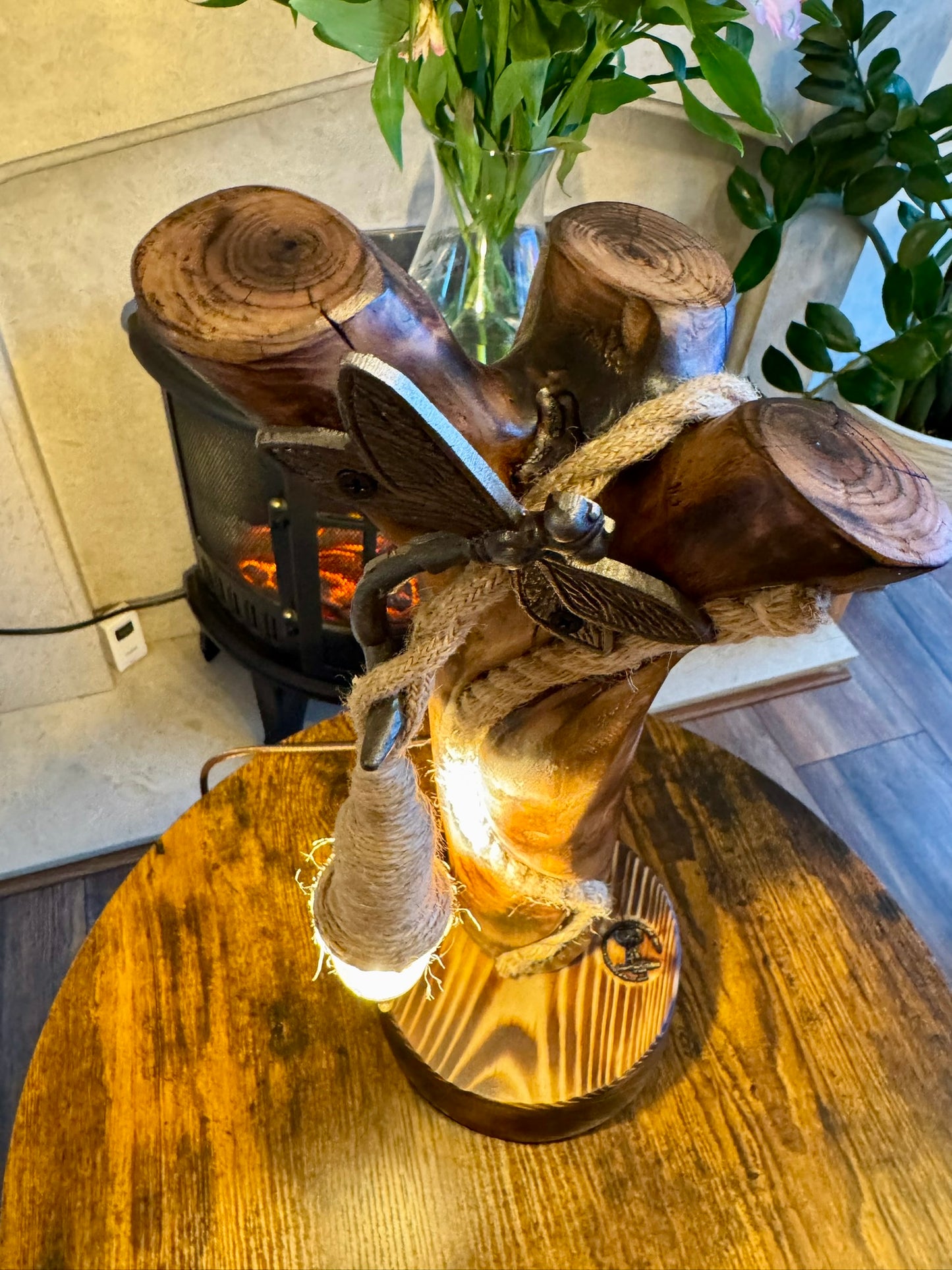 Handmade Applewood Lamp with Dragonfly Accent 🍏🪵✨